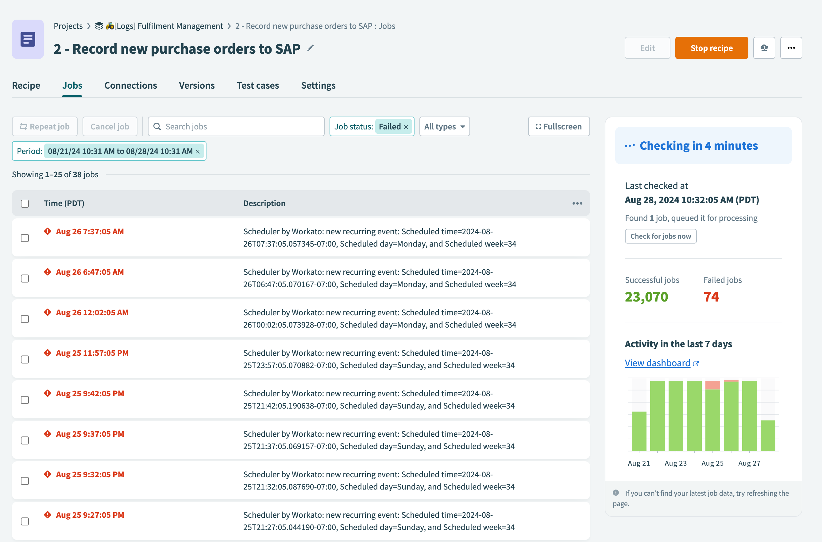 Jobs tab filtered with specified date range