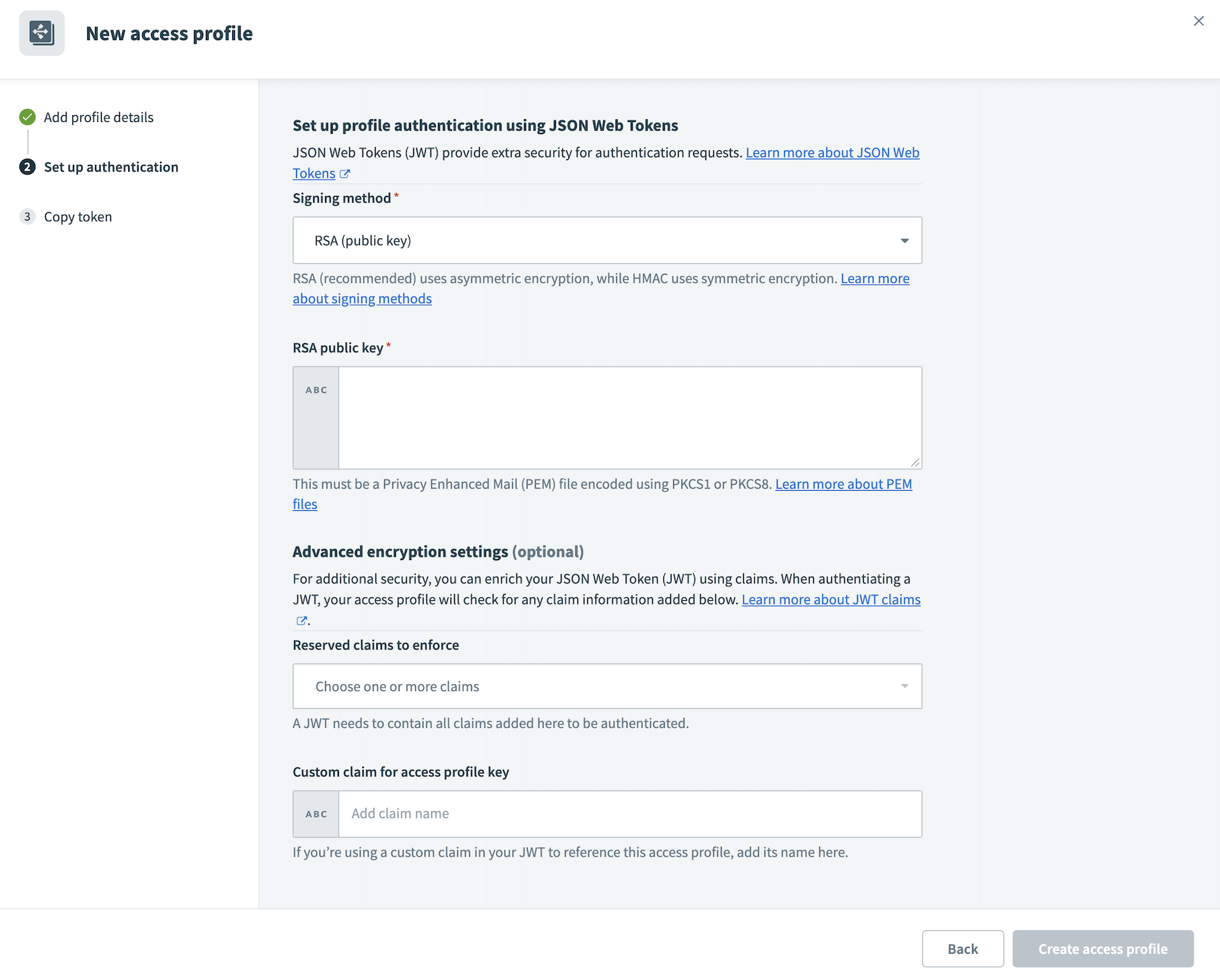 JWT トークンの設定 (RSA 認証の場合)