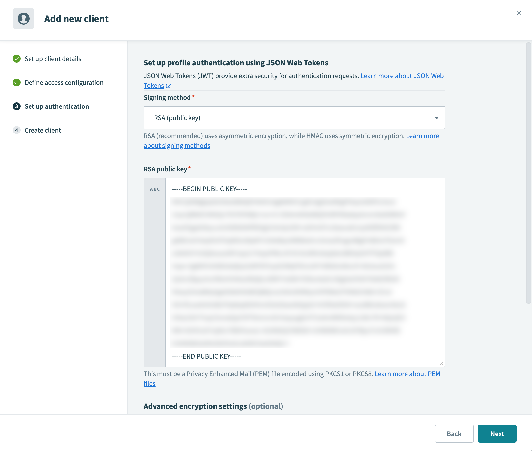 Paste the public key into the RSA public key field