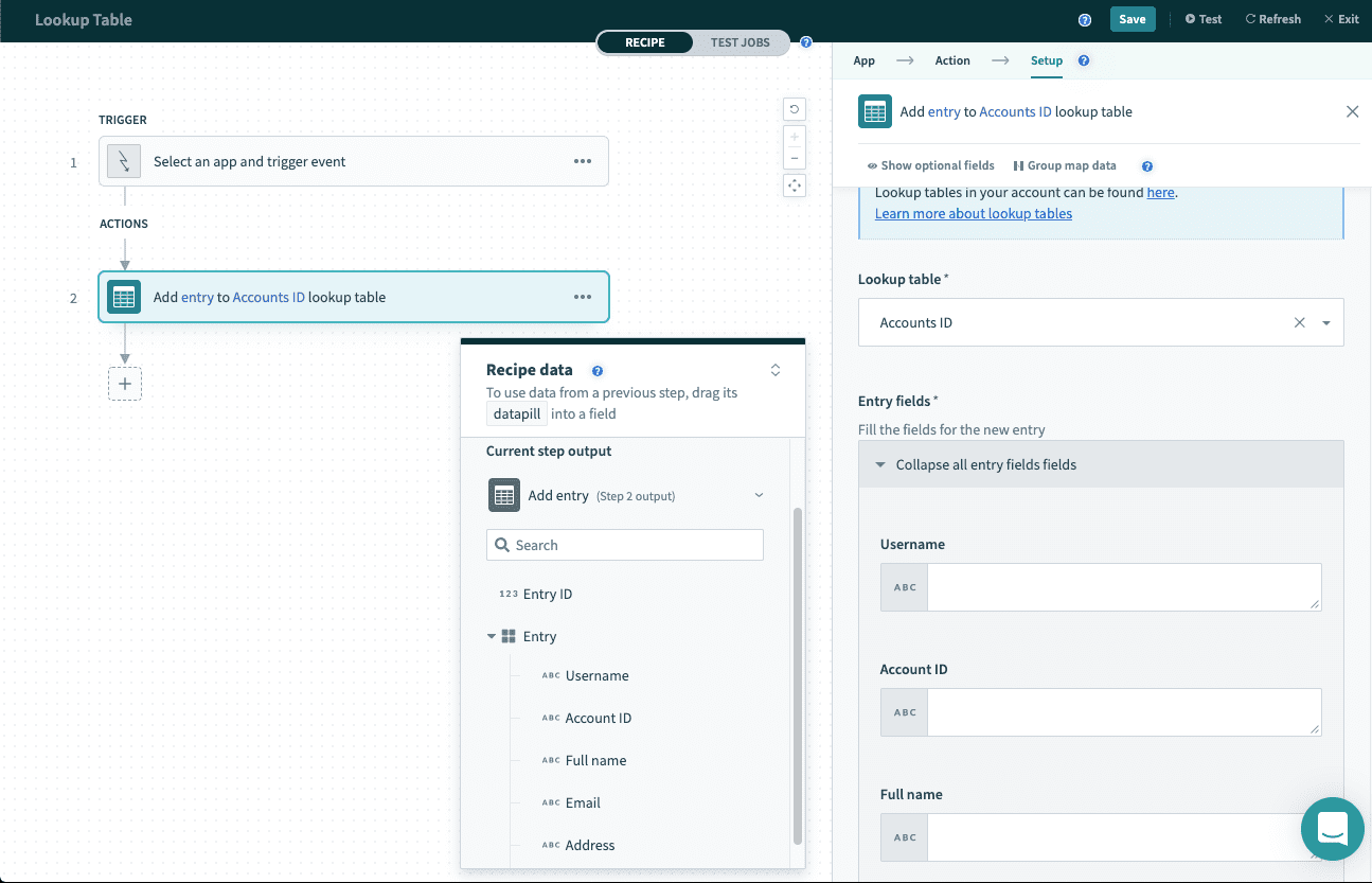 書き込み先の Lookup table を選択し、行の各セルに設定する値を入力する