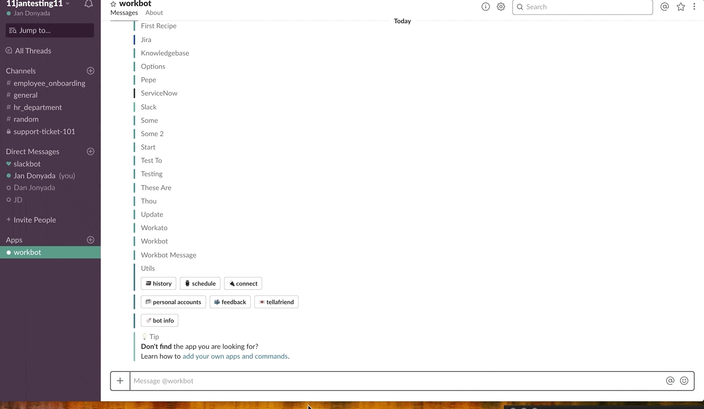 View personal connections in a Workbot DM