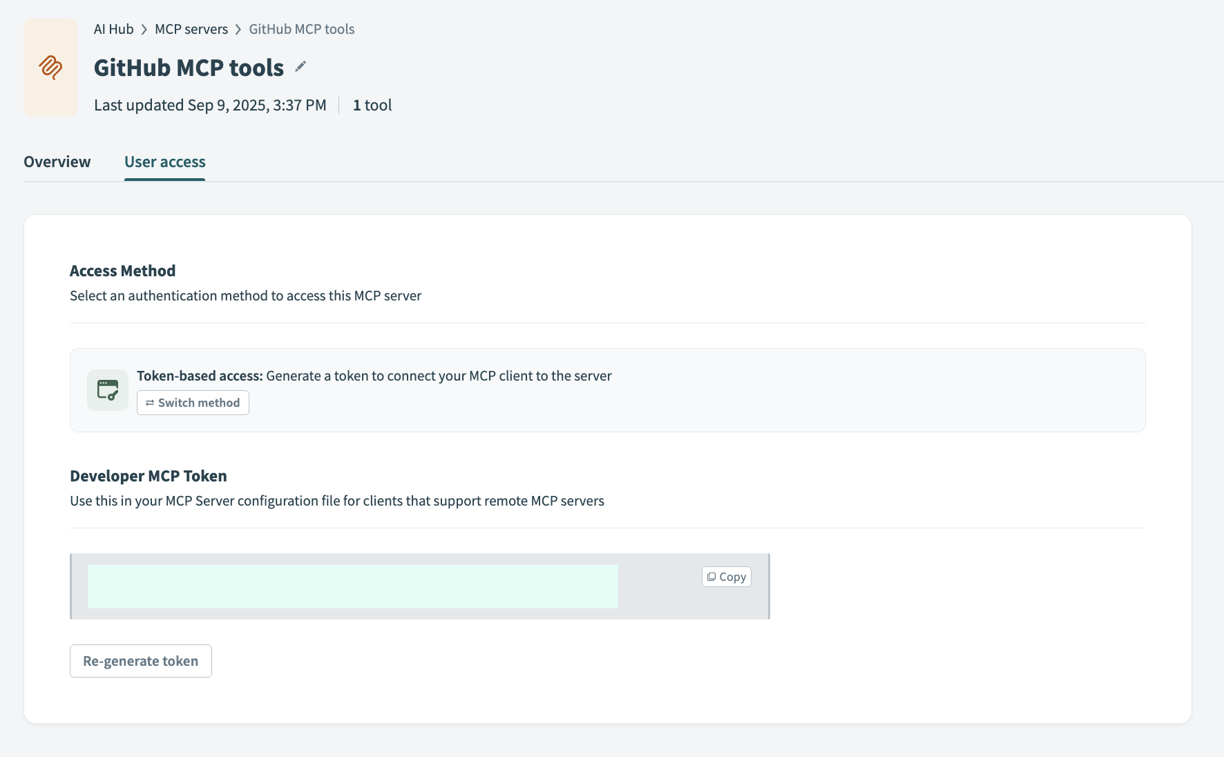 Copy the MCP URL and token