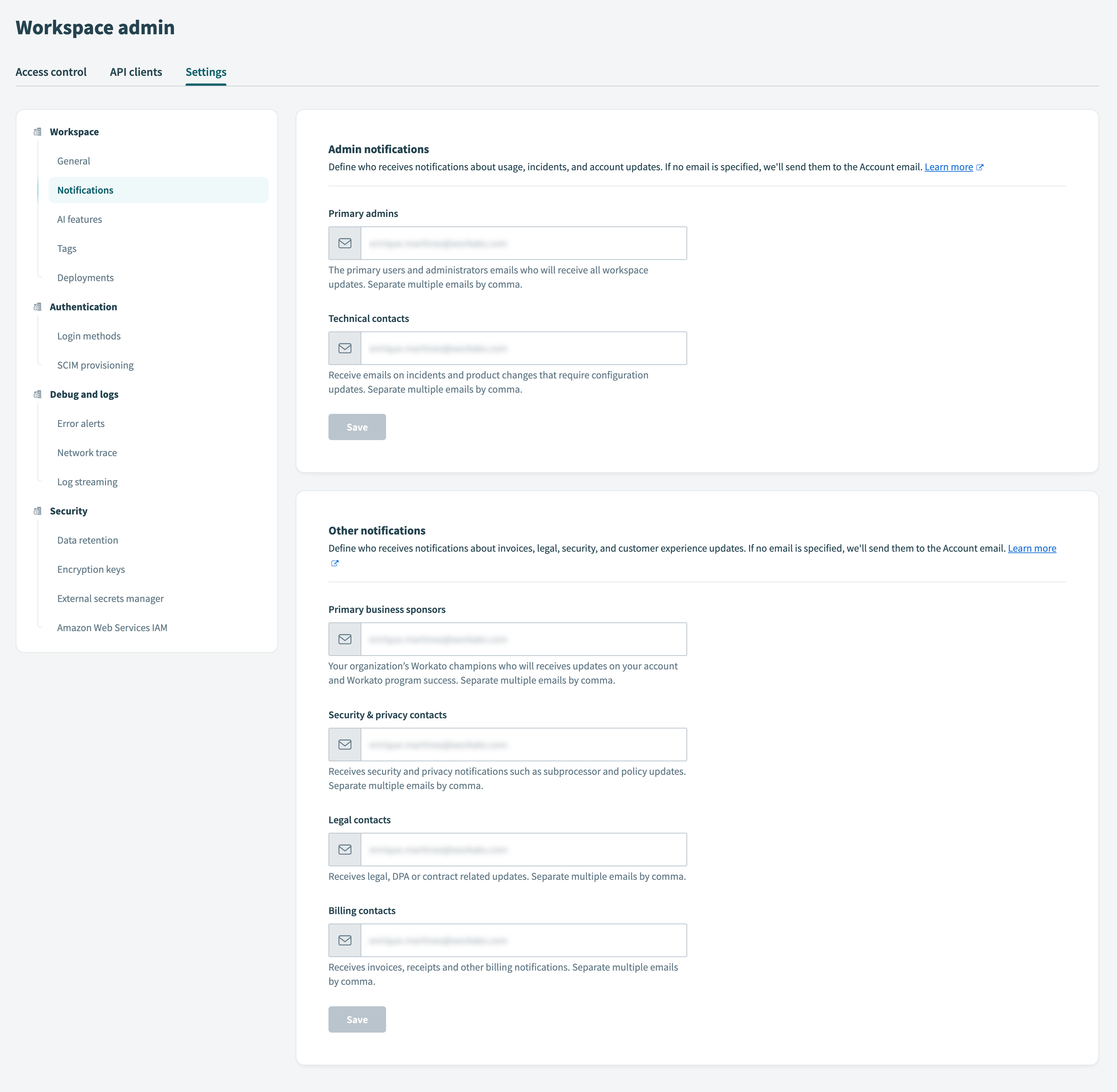 Notifications settings