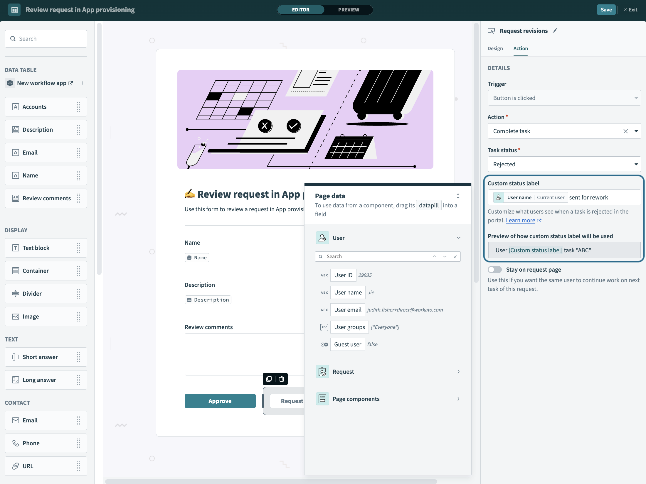 Button with complete task action and custom status label with datapill