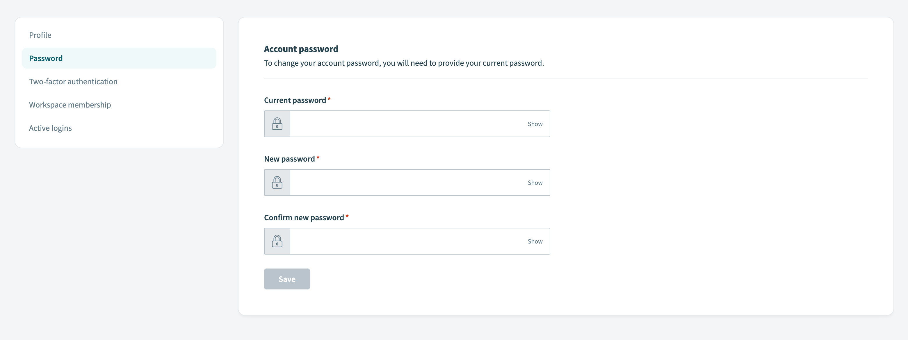 Password settings page