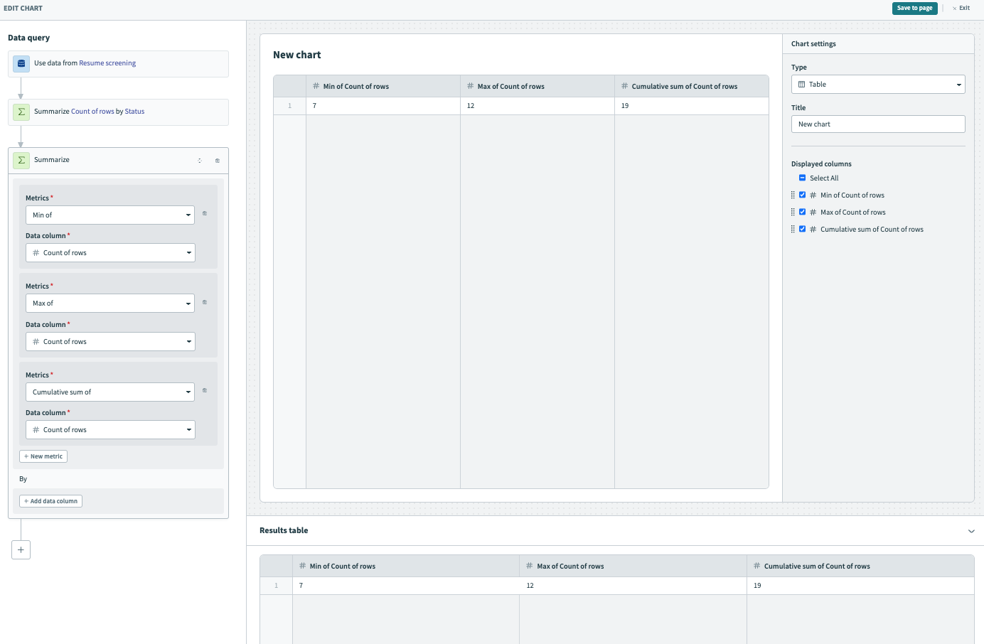 Preview results table