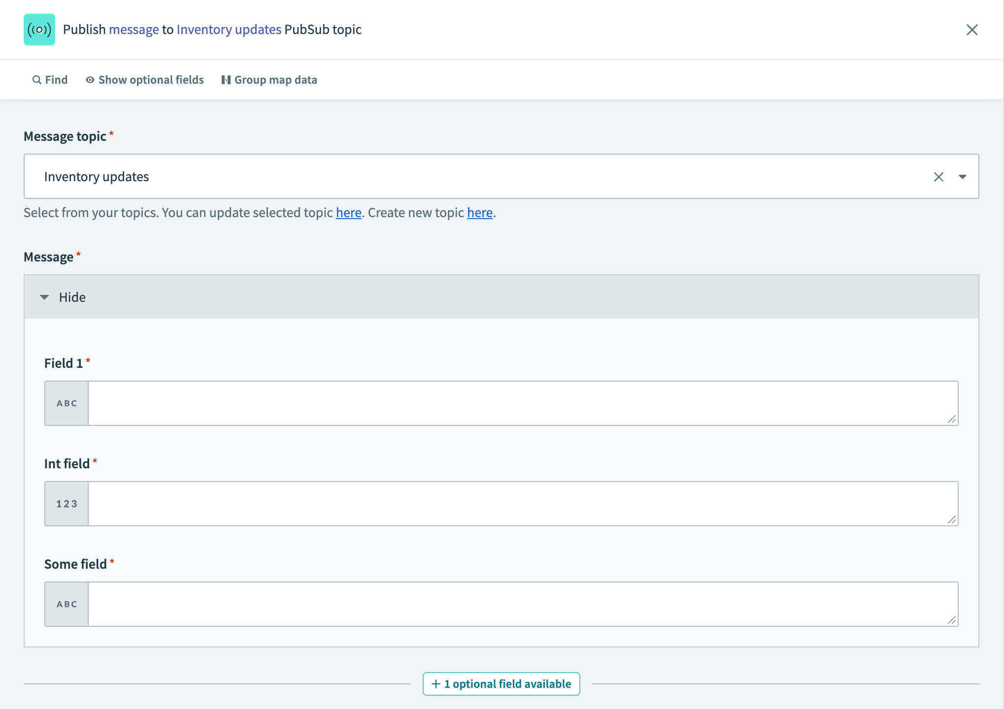 Publish message action configuration
