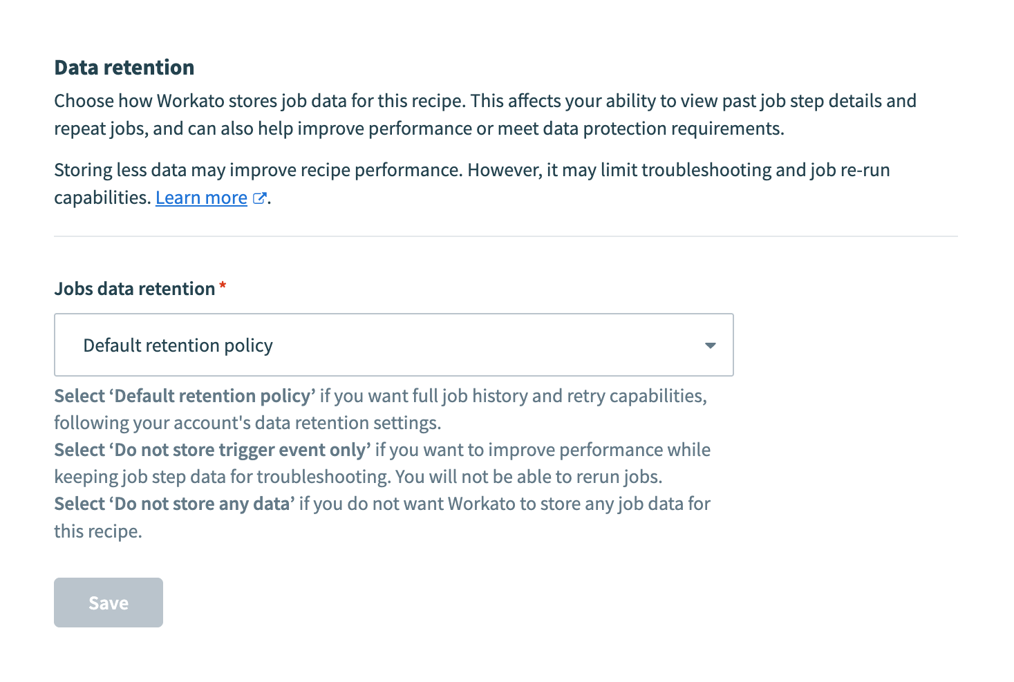 Recipe-level data retention policy