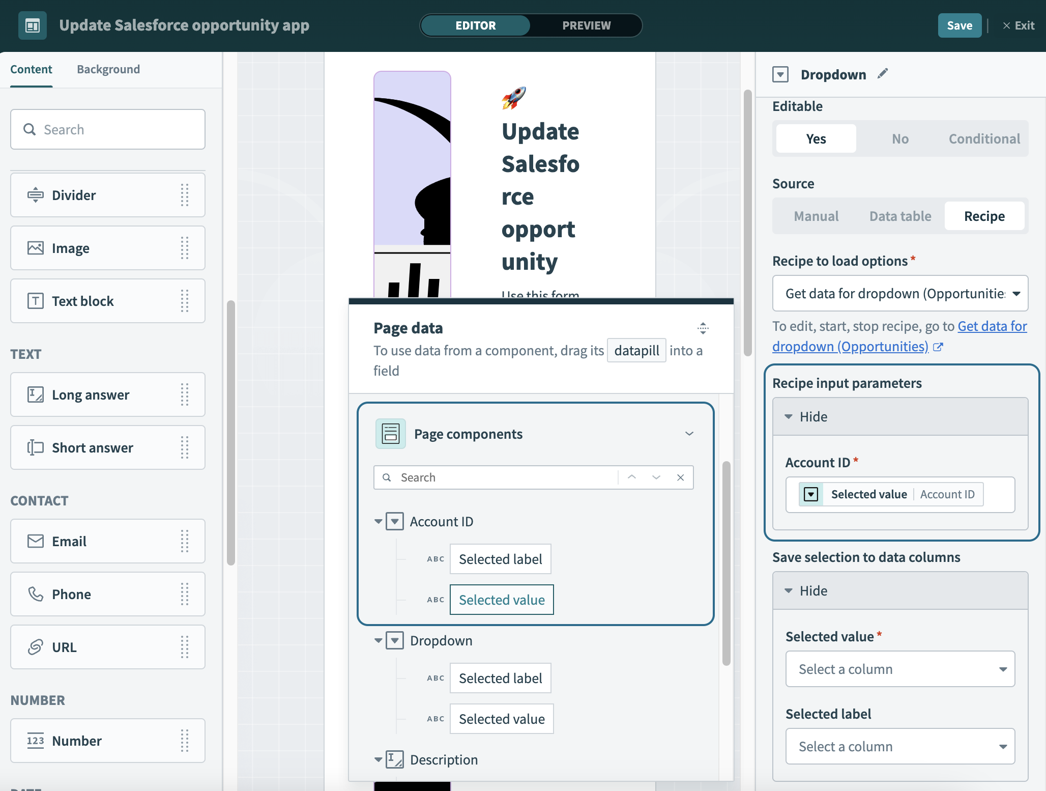 Configure the return data to drop-down action