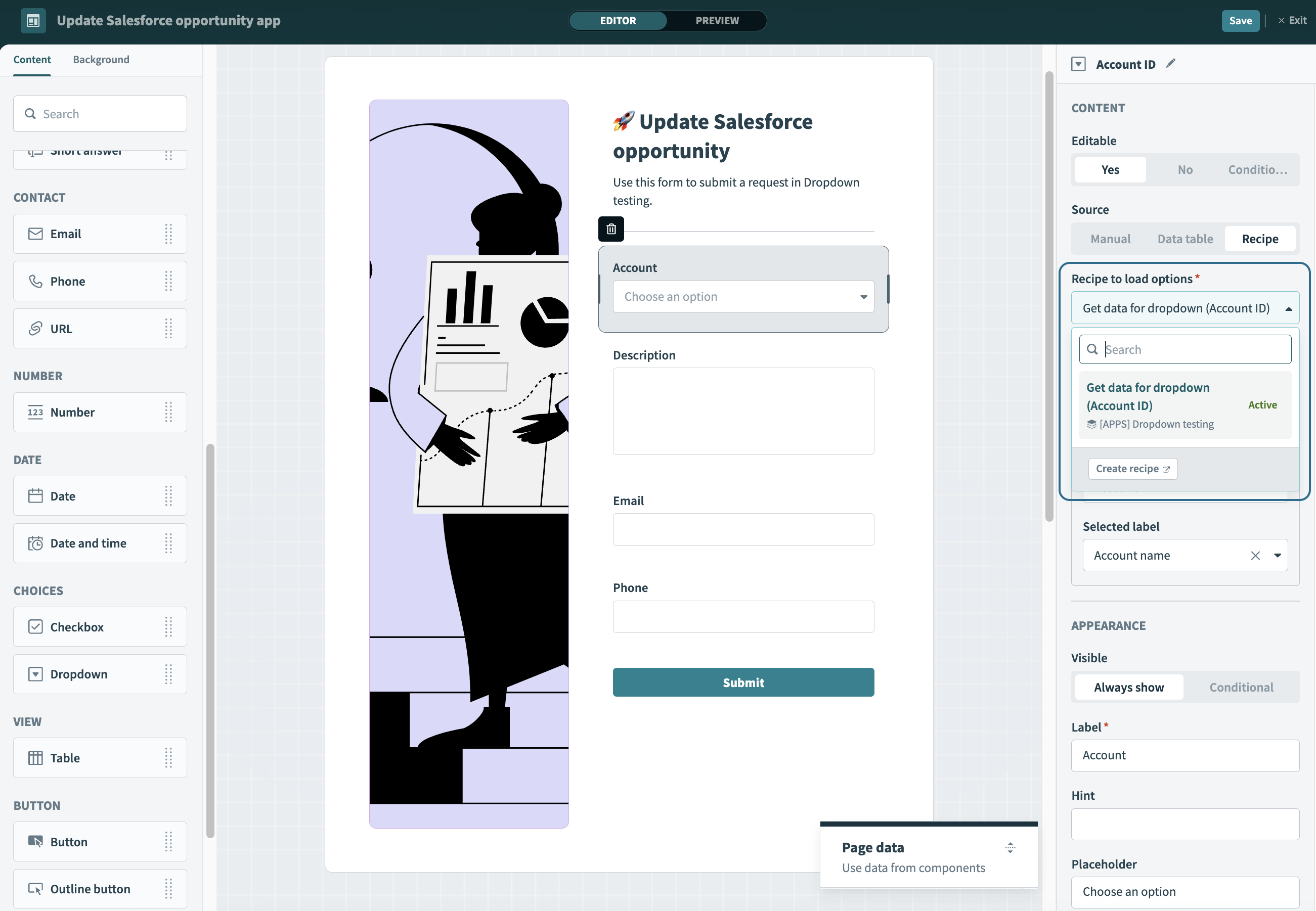 Select a recipe from the drop-down