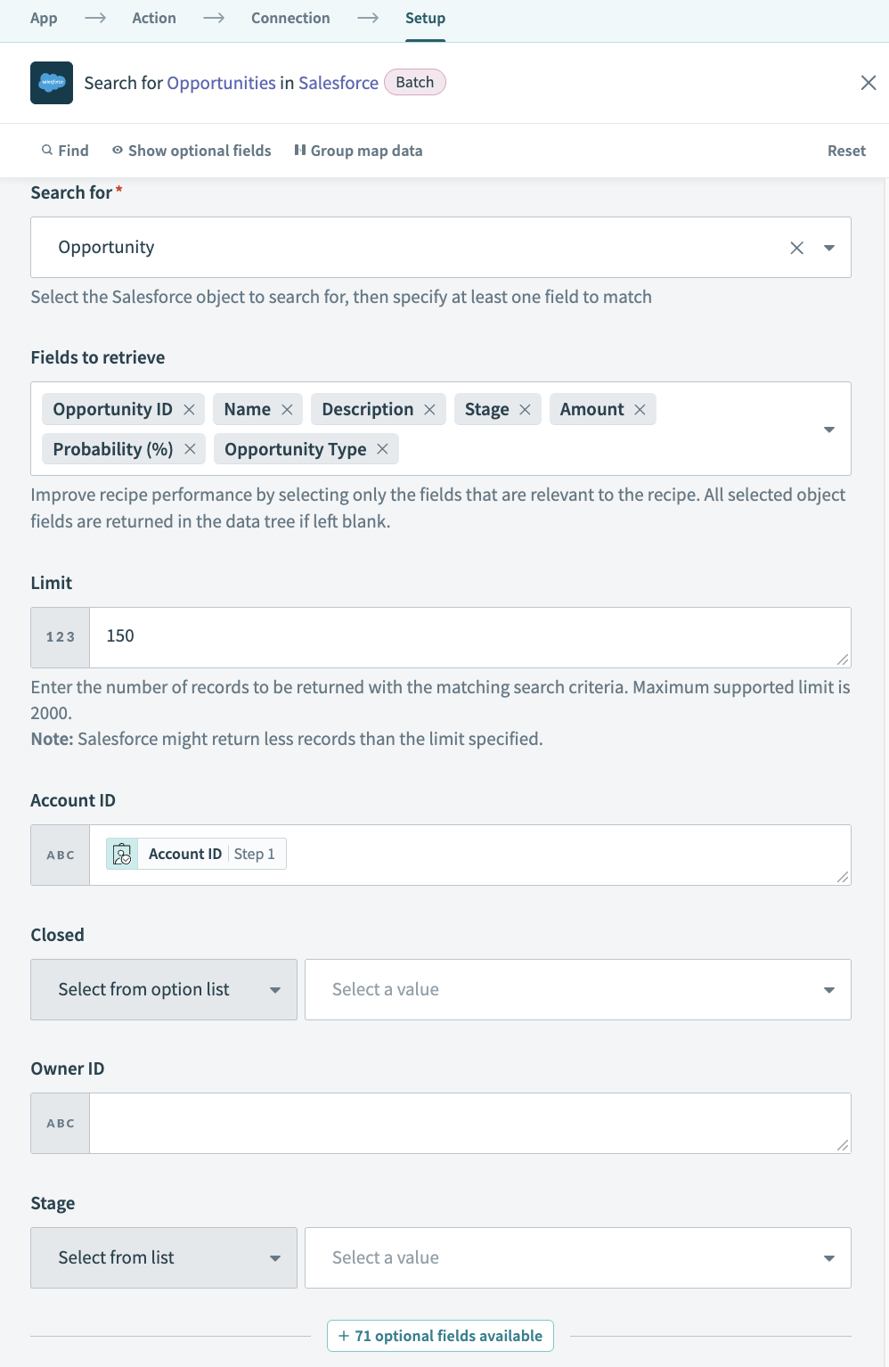 Search for Opportunities in Salesforce (Batch) action