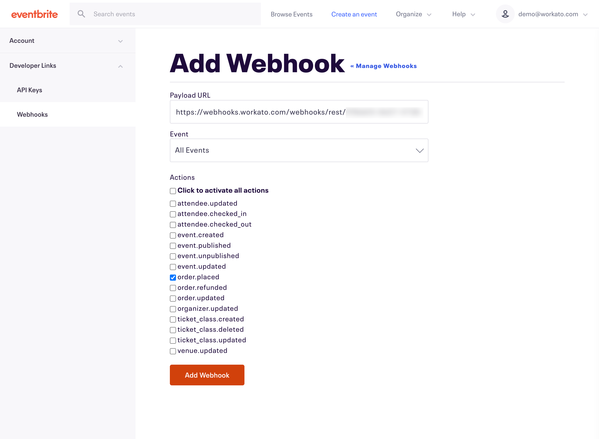 Add a webhook in Eventbrite to send data to the webhook trigger