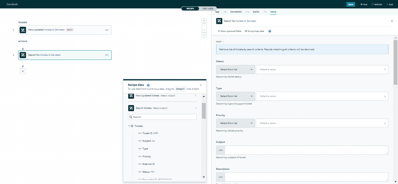 Search tickets アクション