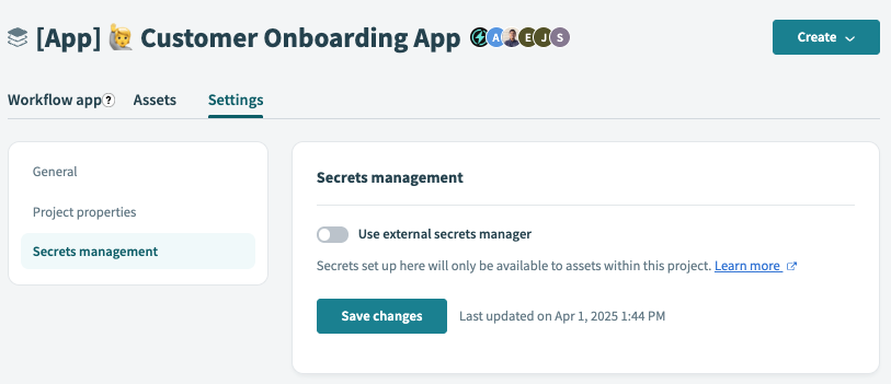 Secrets management interface of a project