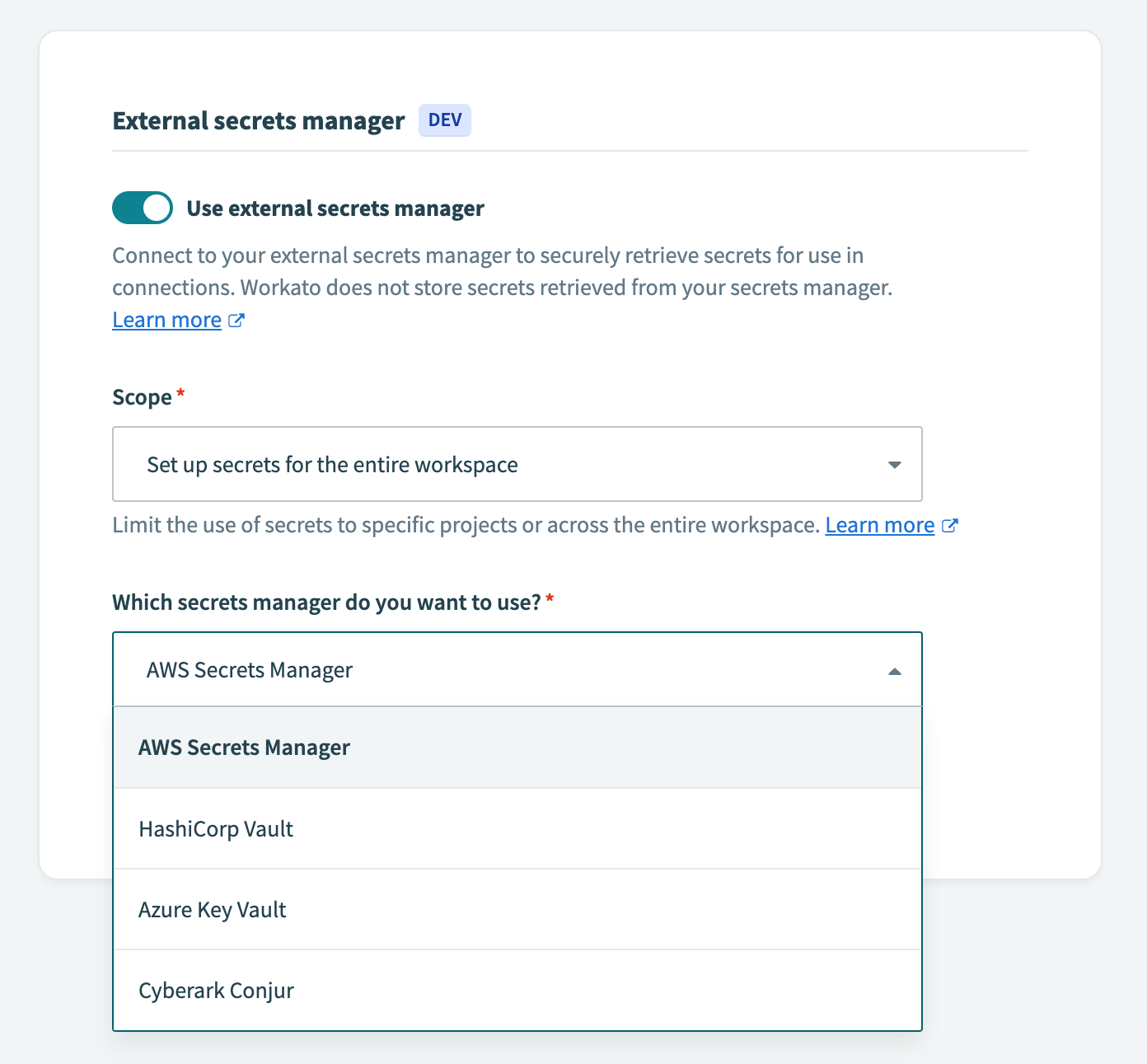 Choosing AWS workspace secrets manager