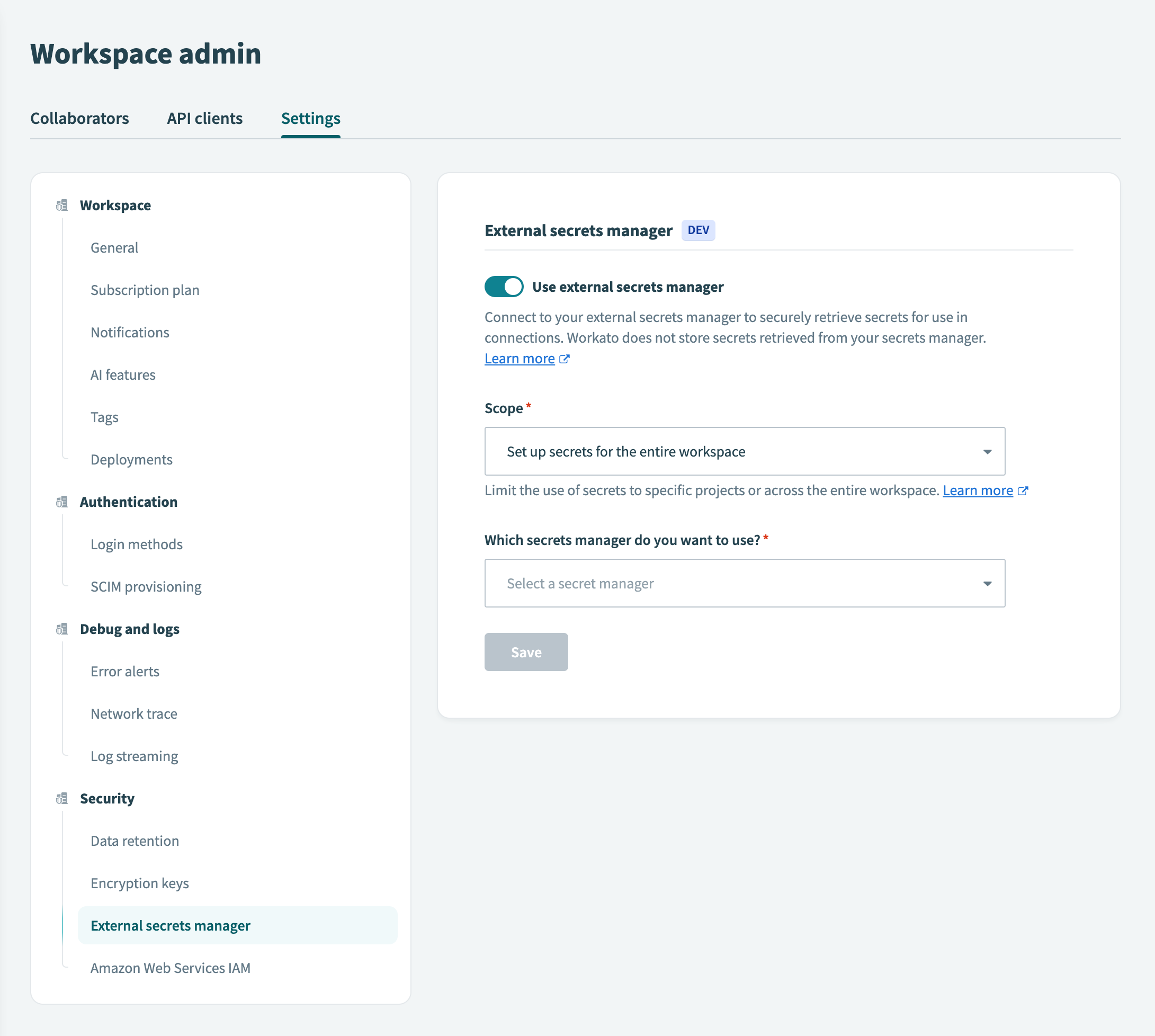 Workato secrets management, selecting workspace scope