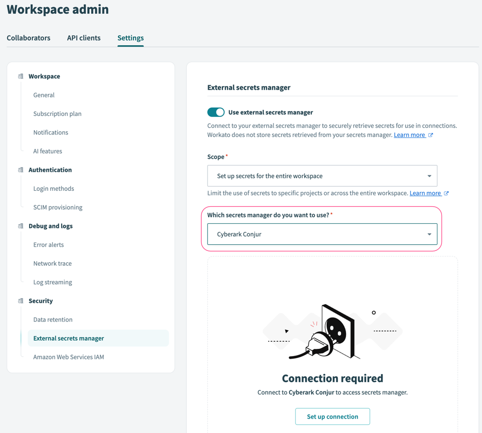 Secrets management interface of a workspace