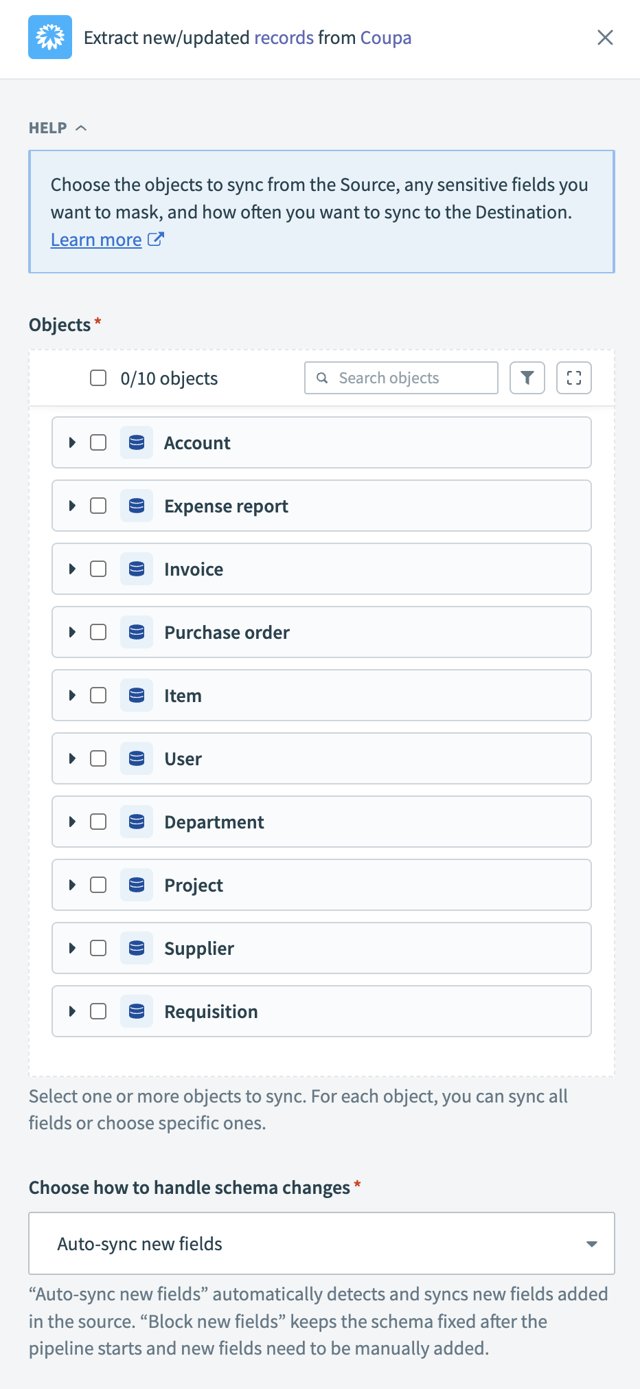 Select objects to sync