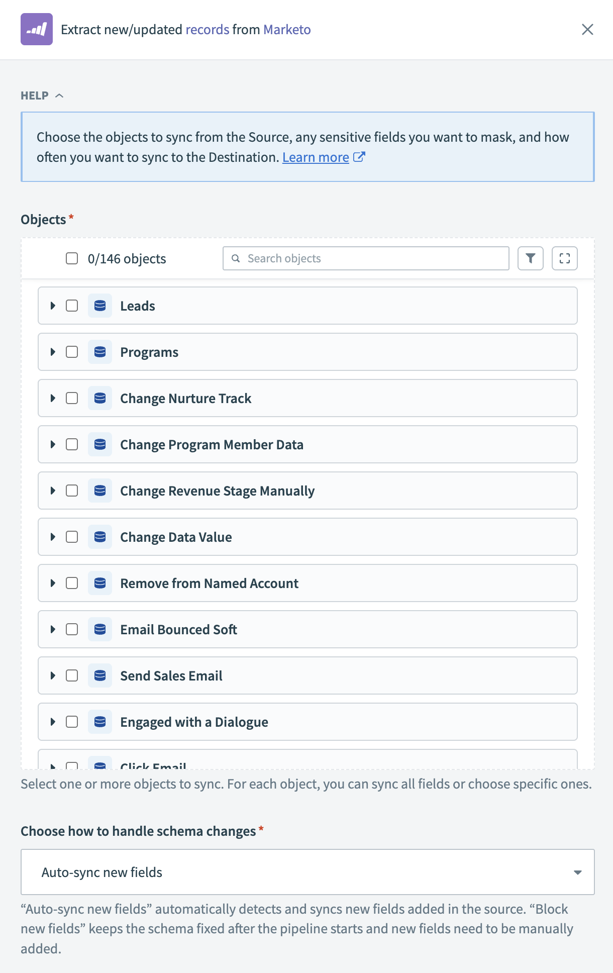 Select objects to sync
