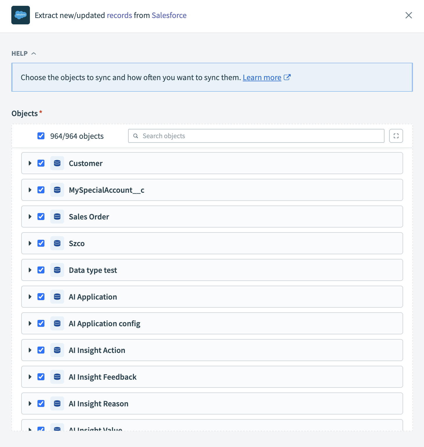 Select objects to sync