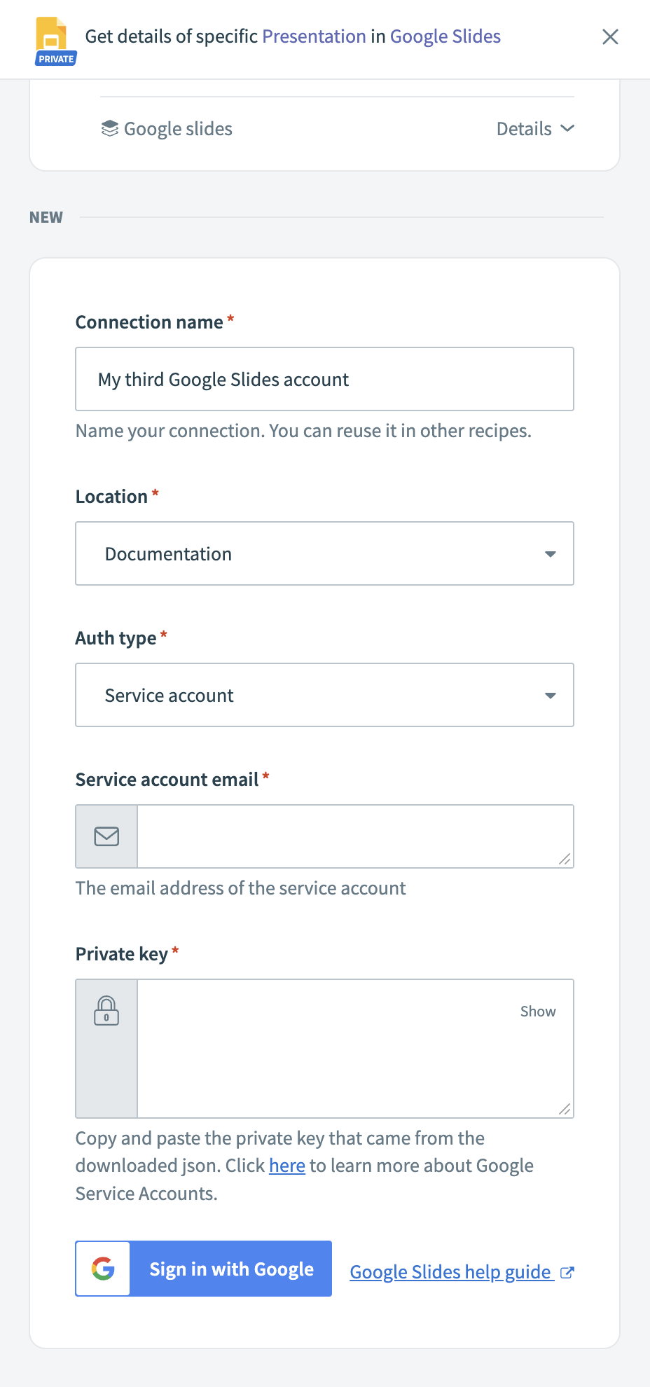 Google Slides service account connection fields