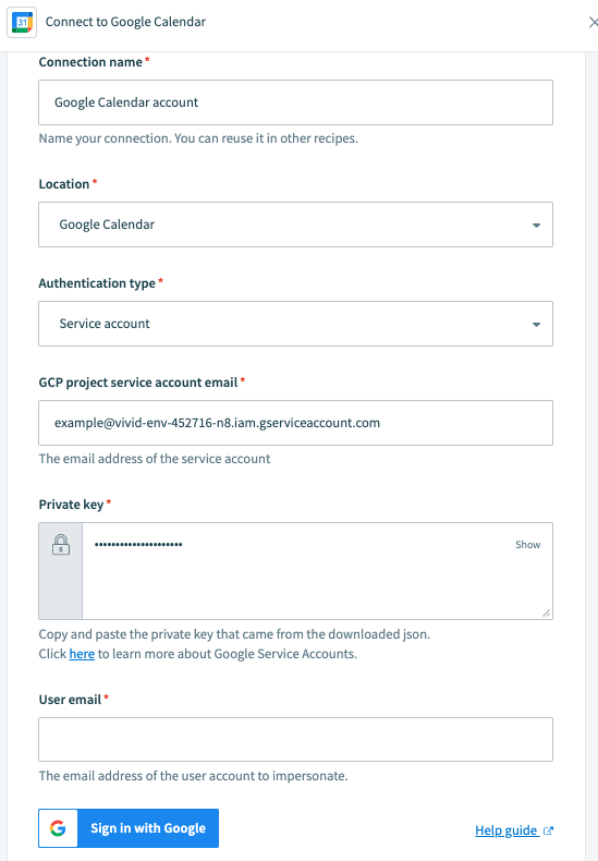Configure Google Calendar service account connection