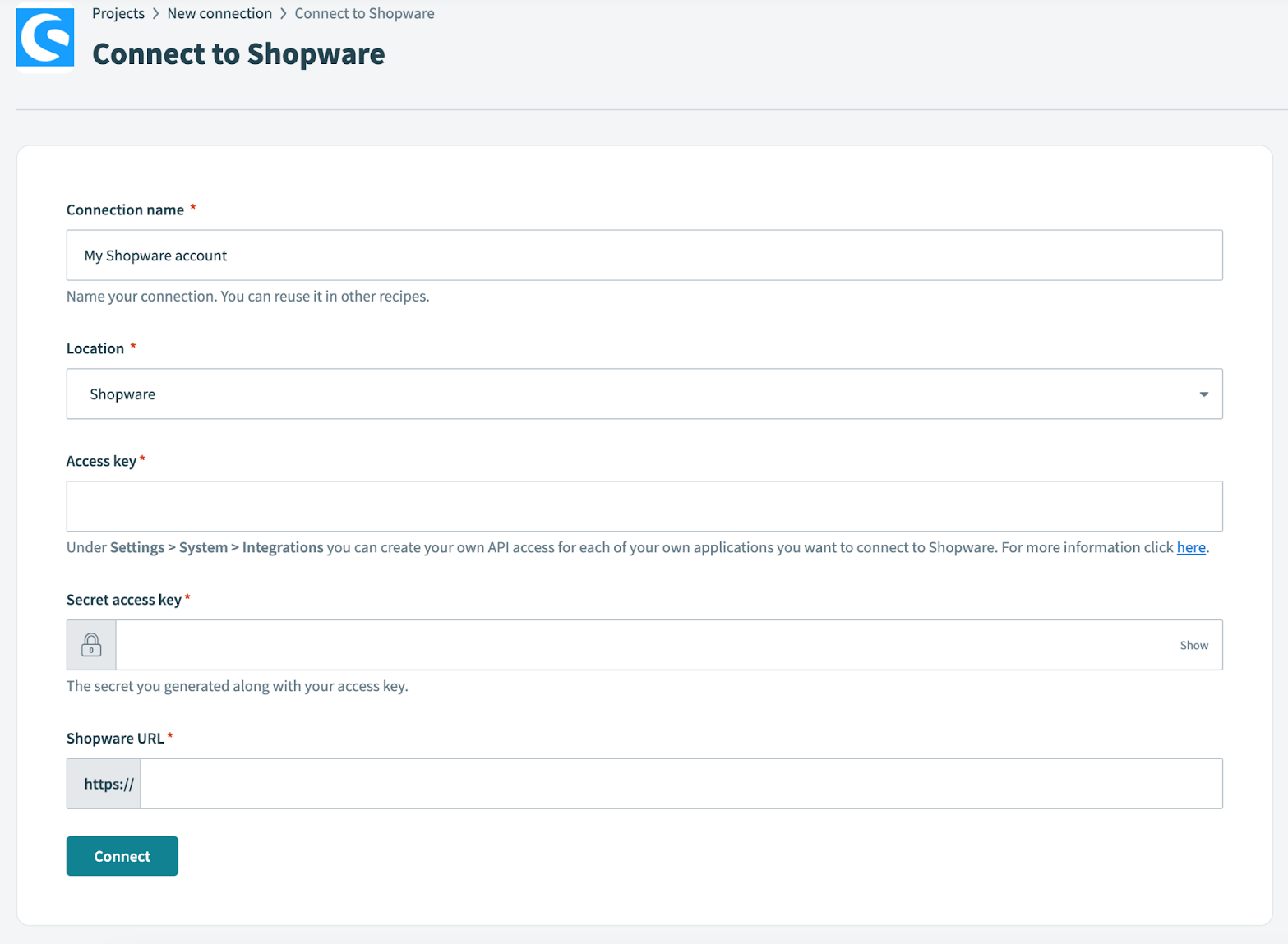 Shopware connection setup