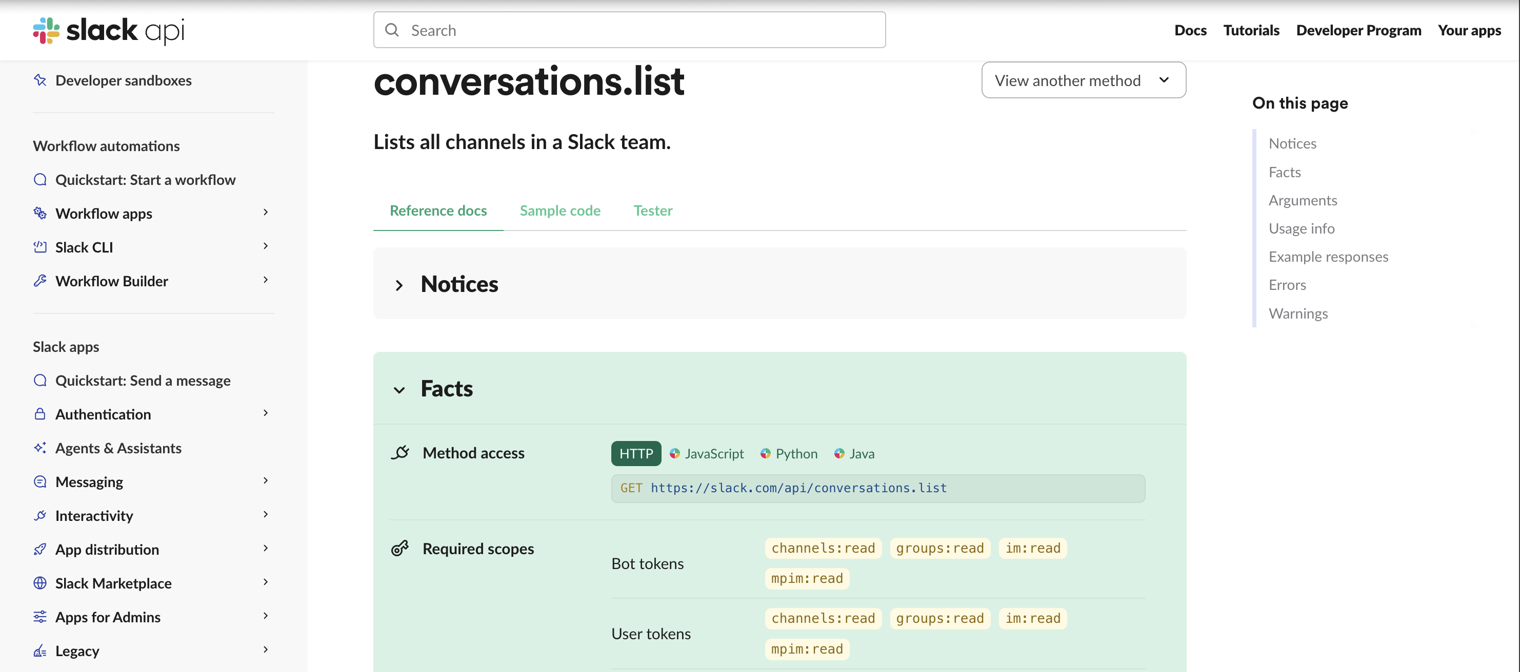 Slack's API documentation for list conversations