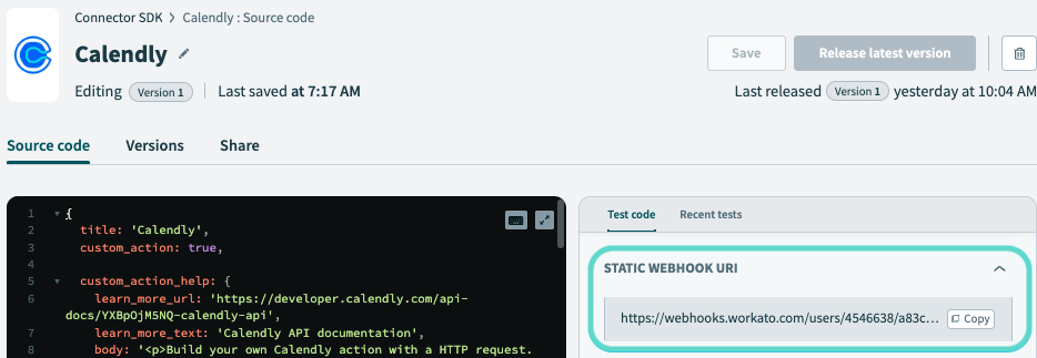 Navigating to Workato connector for webhook URI