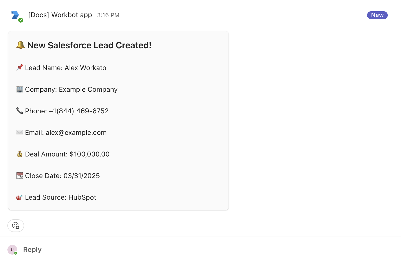 Example message containing Salesforce lead details