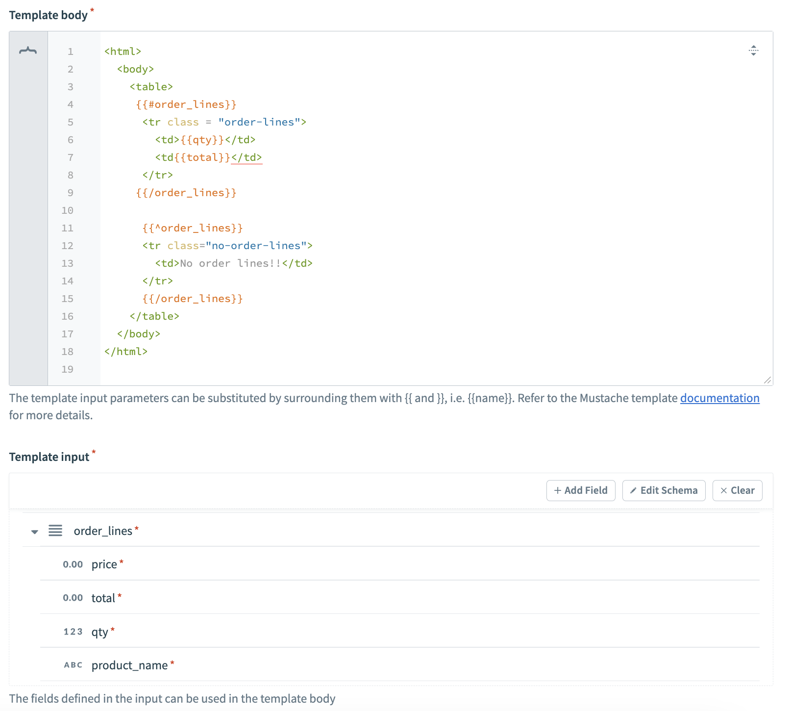 Template with list section
