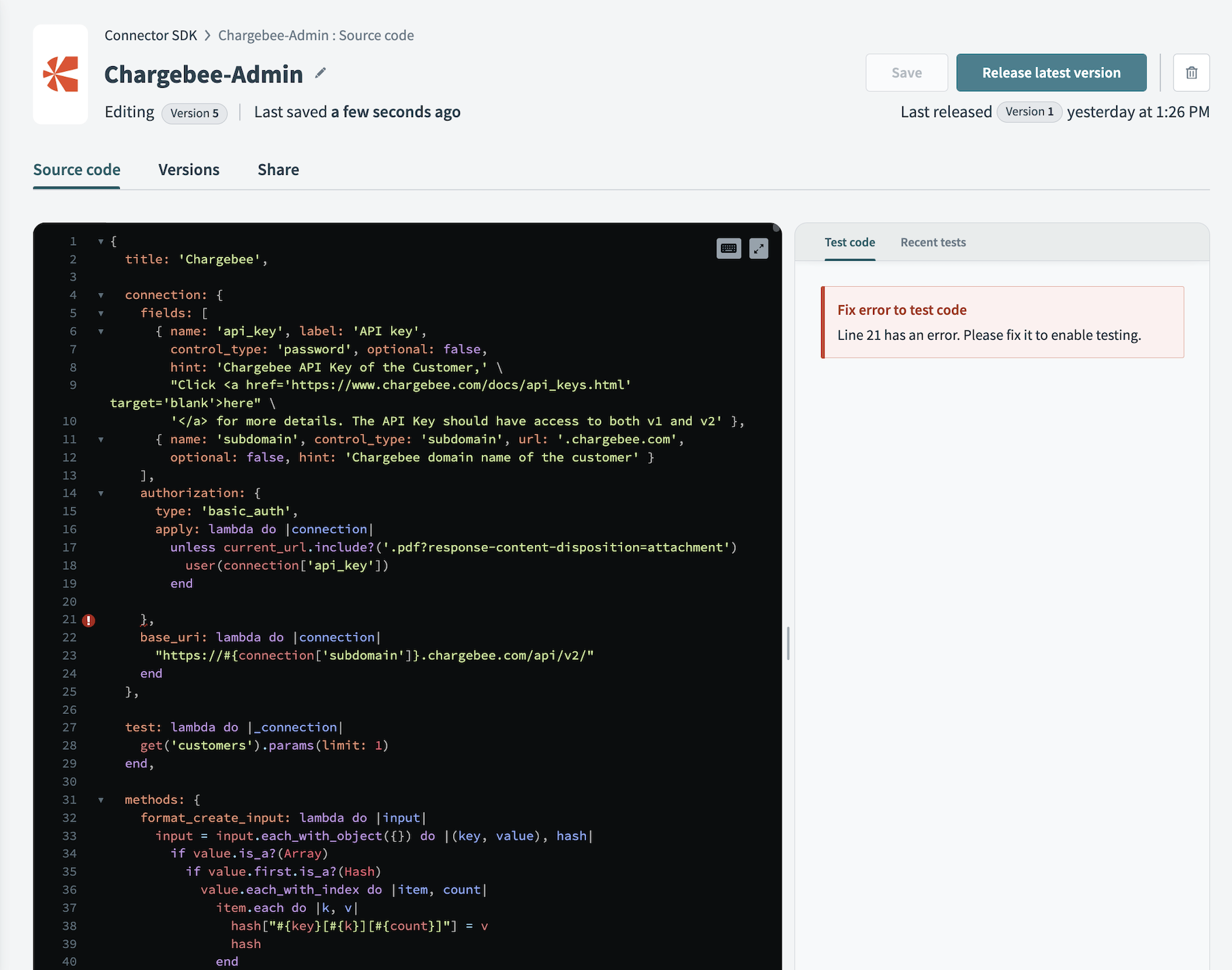 Test code tab with error