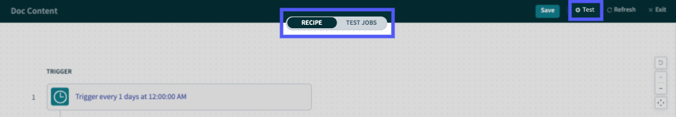 Test mode toggle and button in the recipe editor