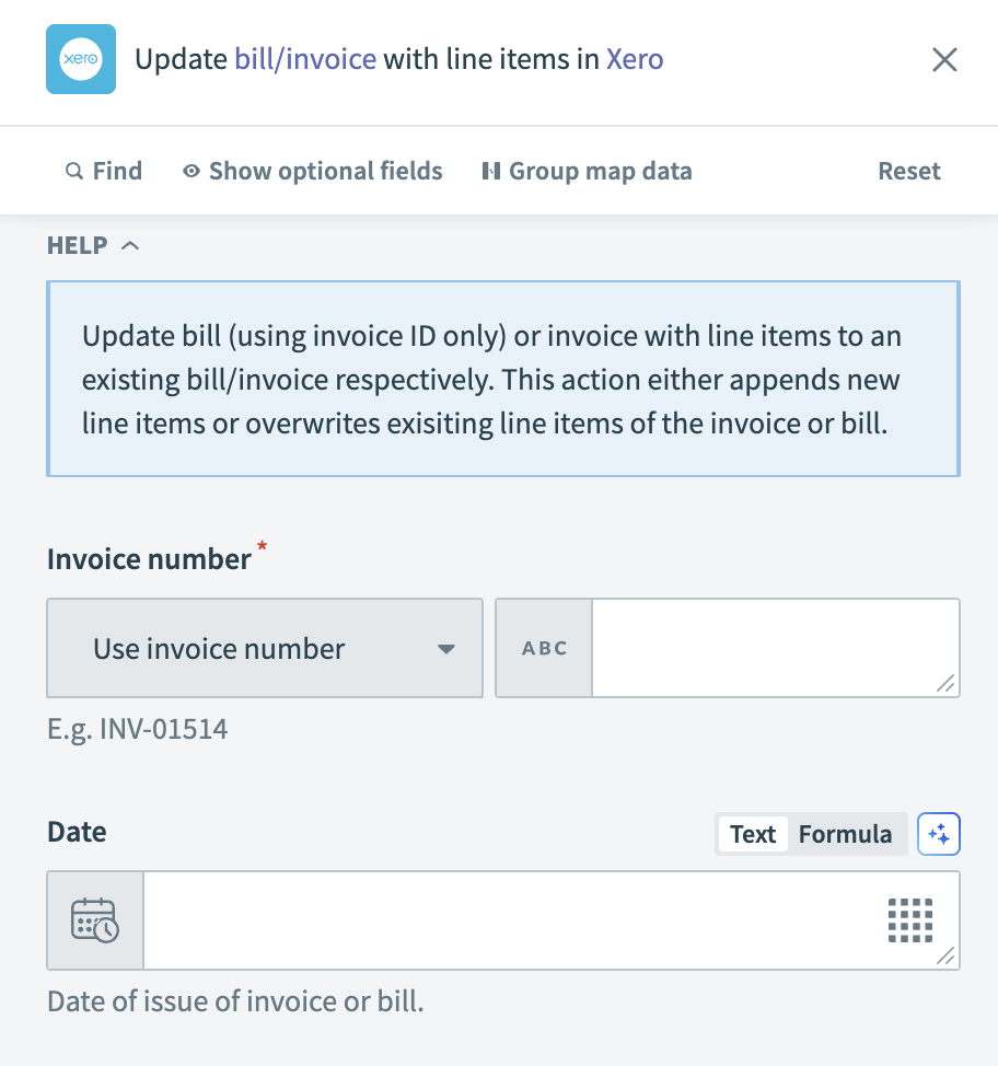 Update bill or invoice header details action