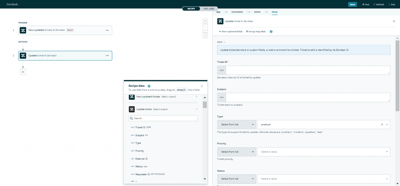 Update ticket アクション