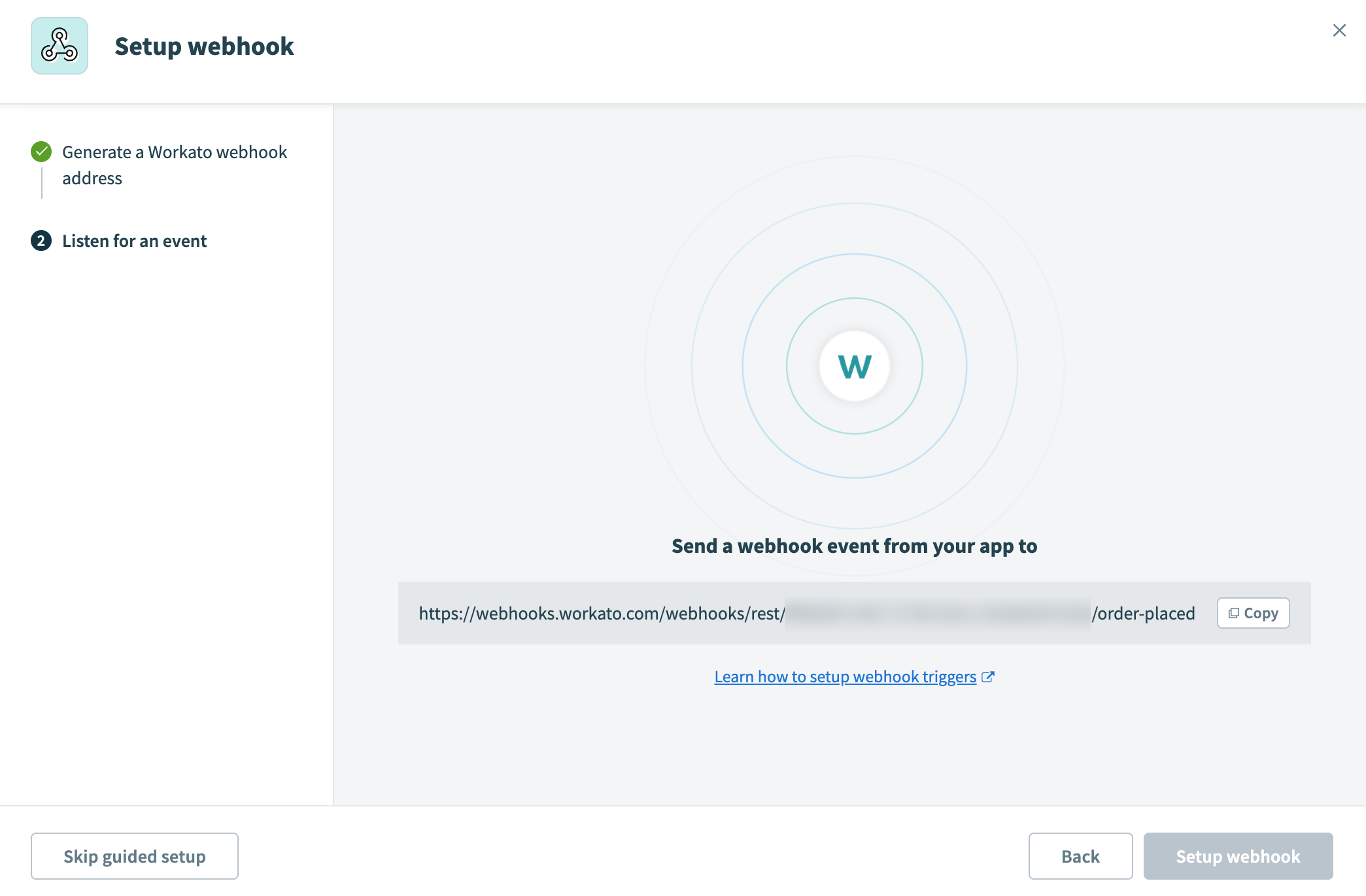 The wizard is listening for webhook events from your app