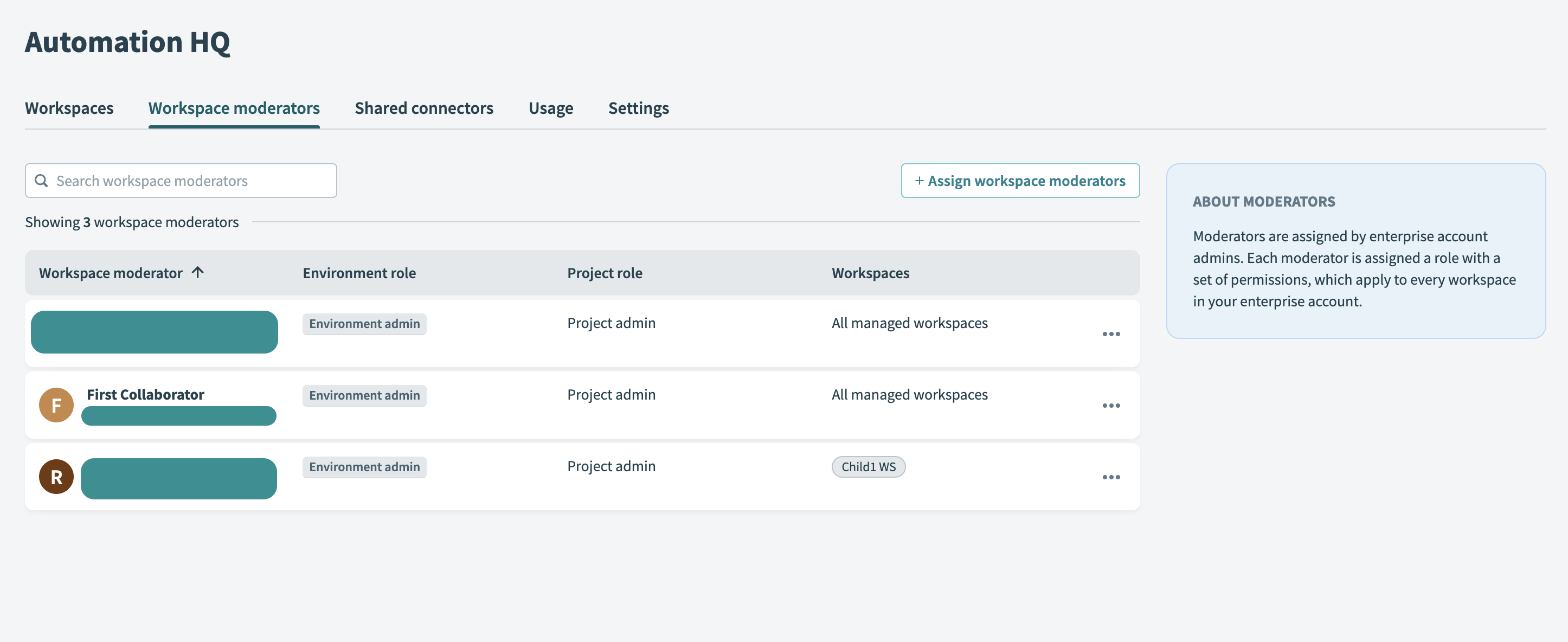 Workspace moderators table