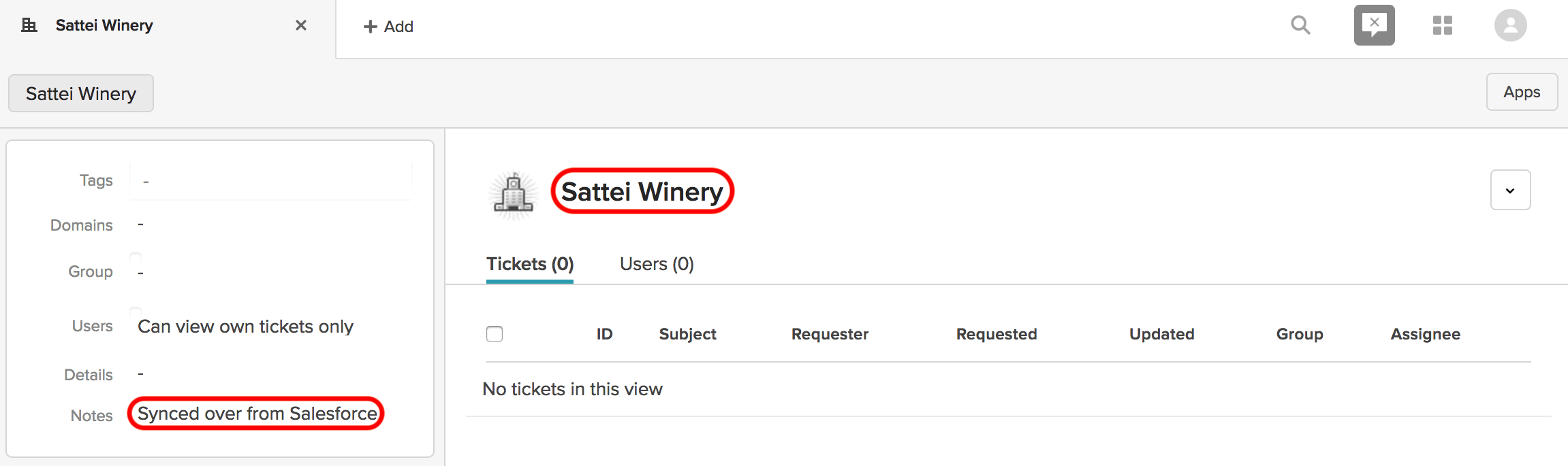 Newly created Zendesk organization