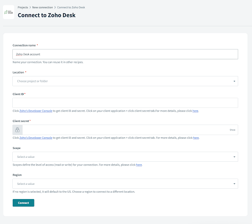Zoho Desk Connection Setup