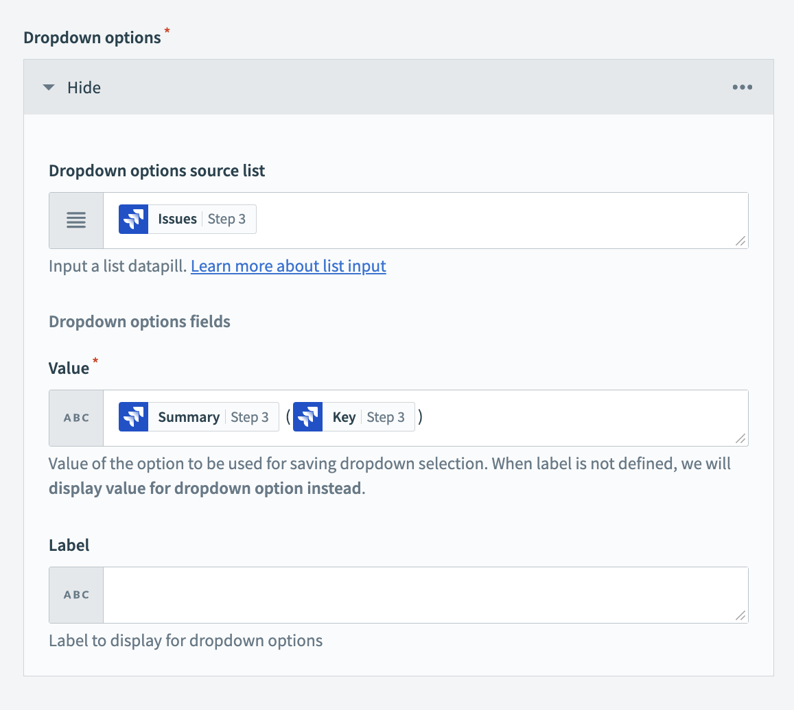 Configure the Return data to drop-down action