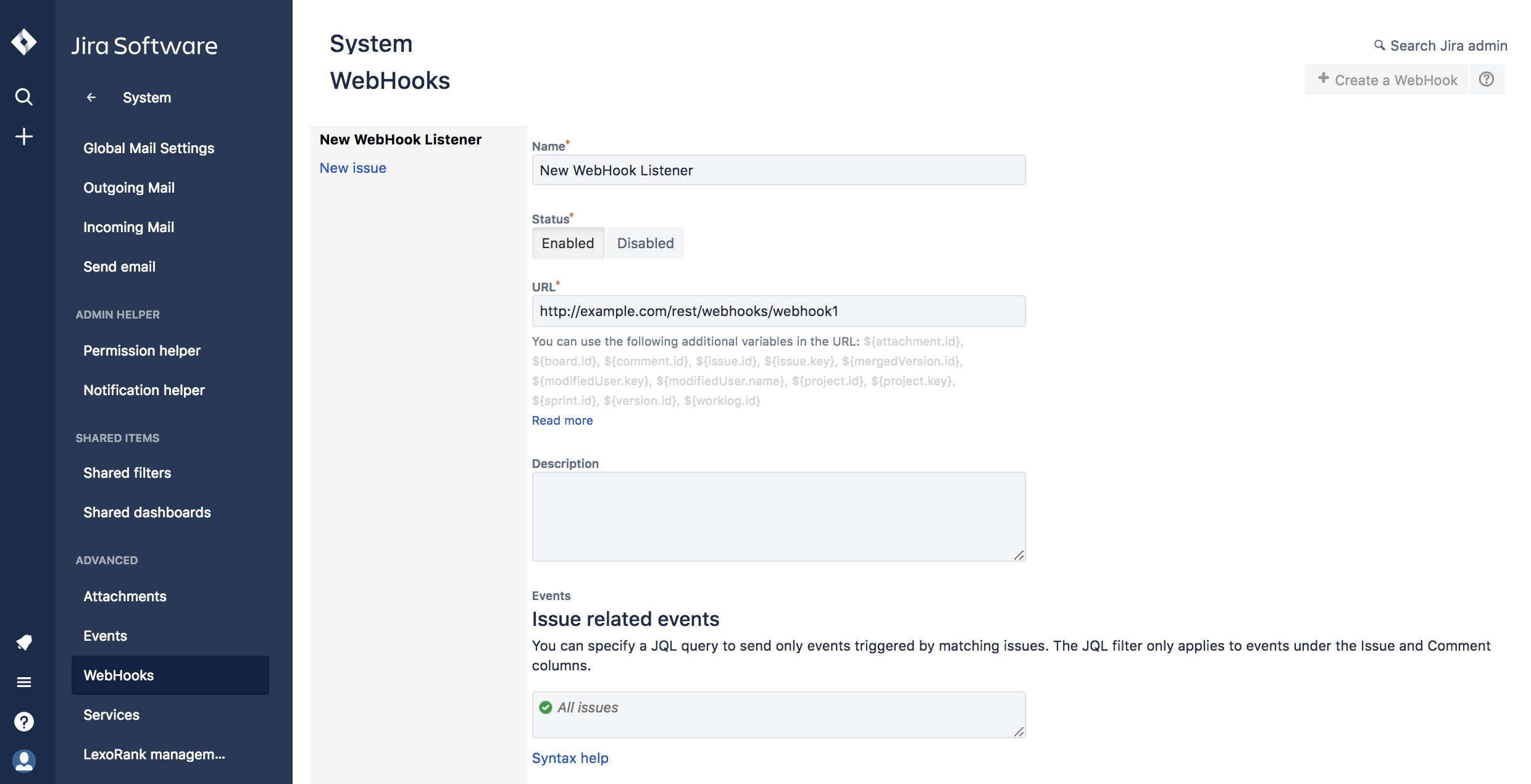 Jira webhook form