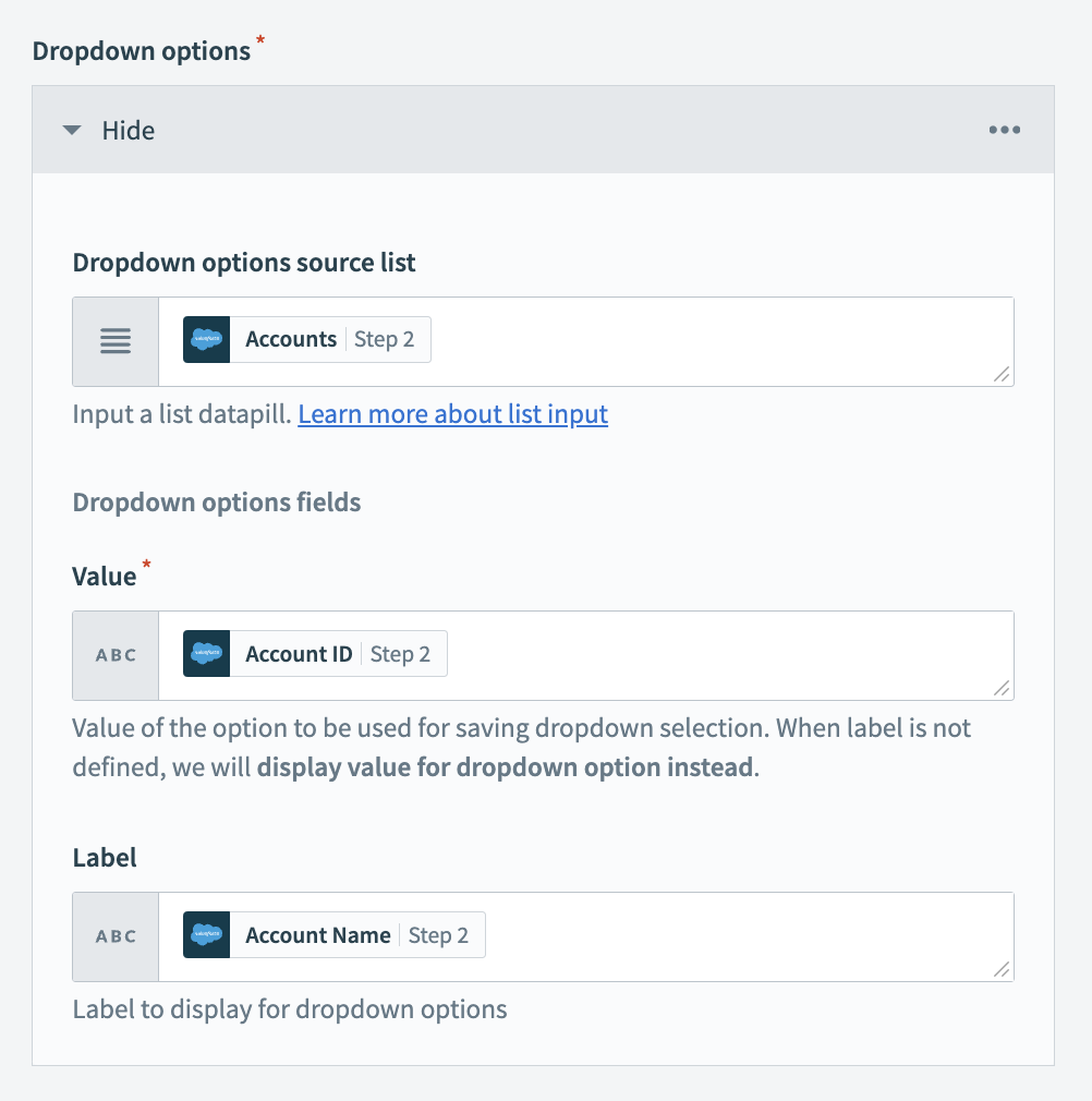 Configure the Return data to drop-down action