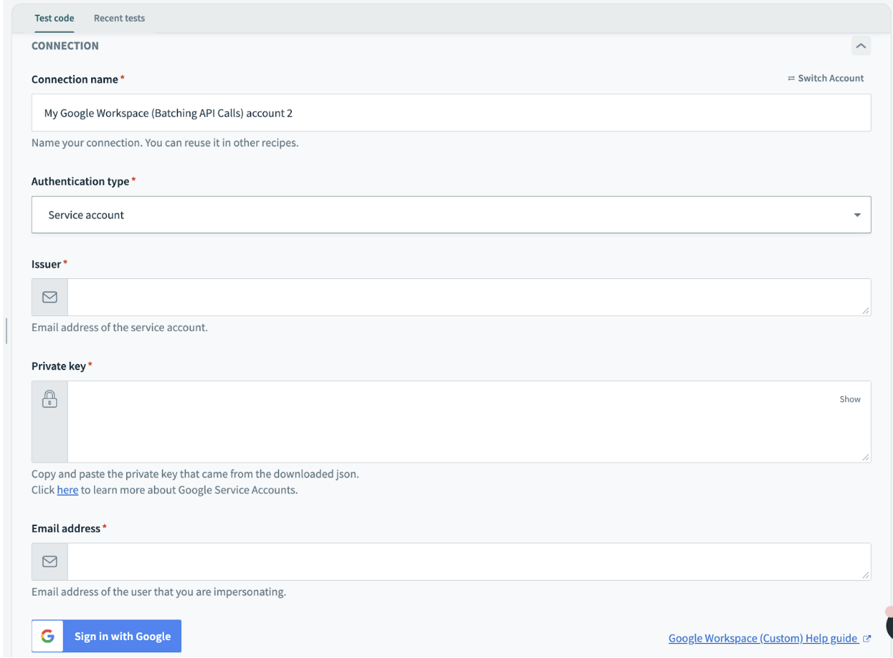 Service Account Connection Setup