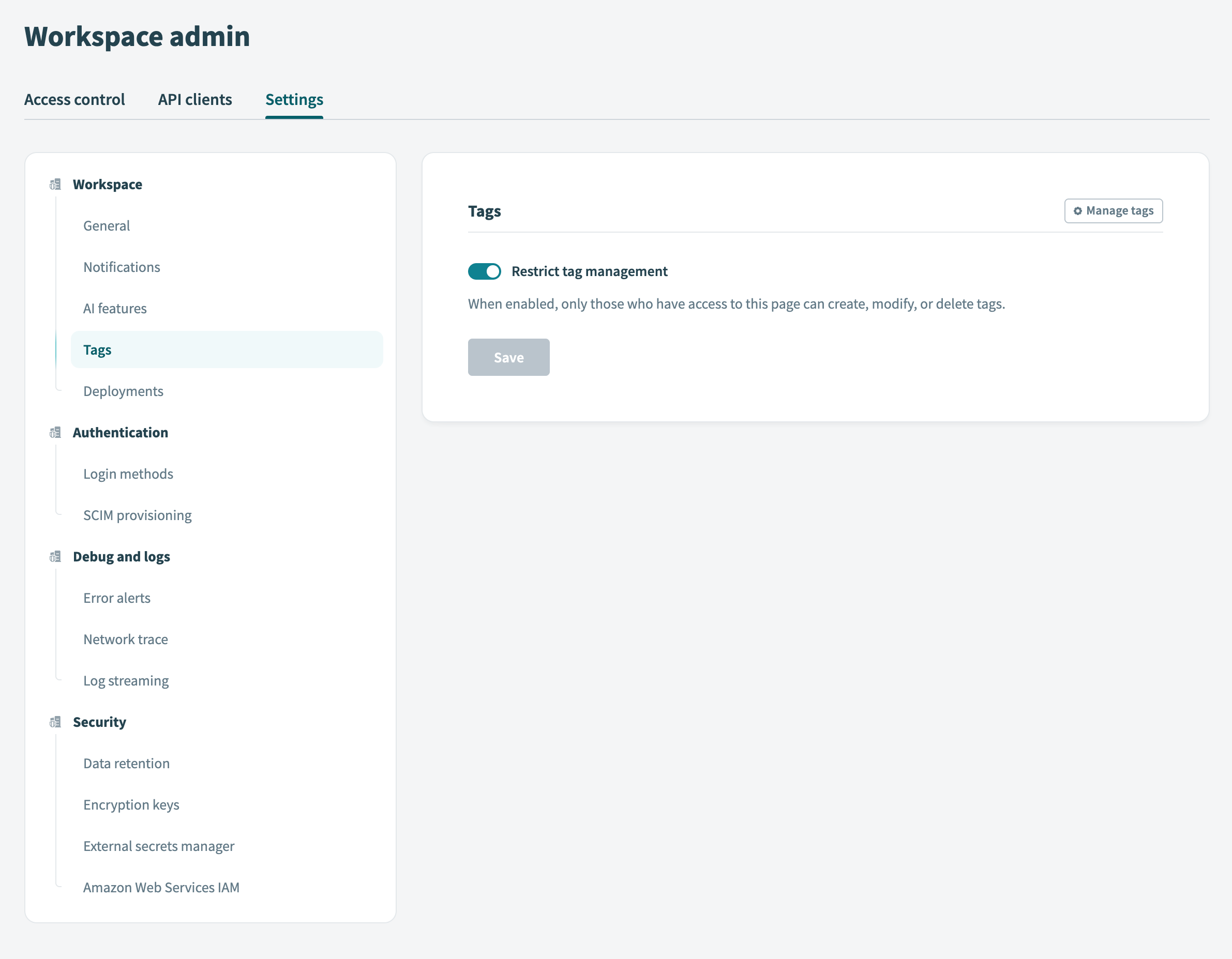 Tags settings