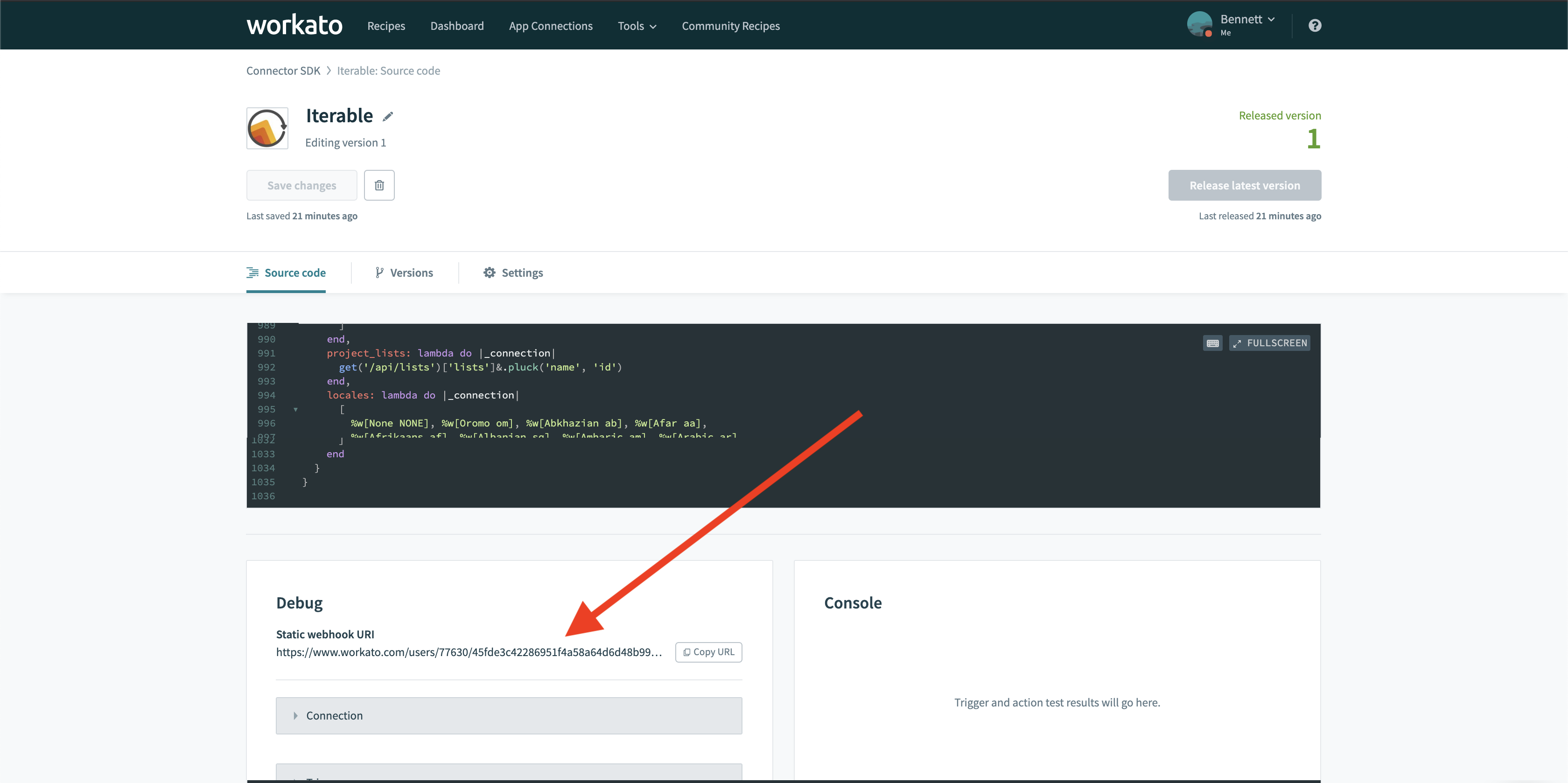 Workato コネクターに移動して Webhook URI を確認